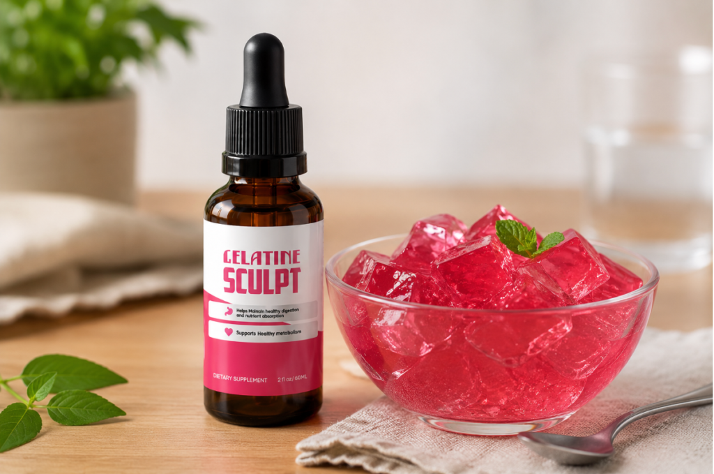Visual analysis of the official Gelatine Sculpt supplement bottle for natural appetite control and fat burning on an expert review page.