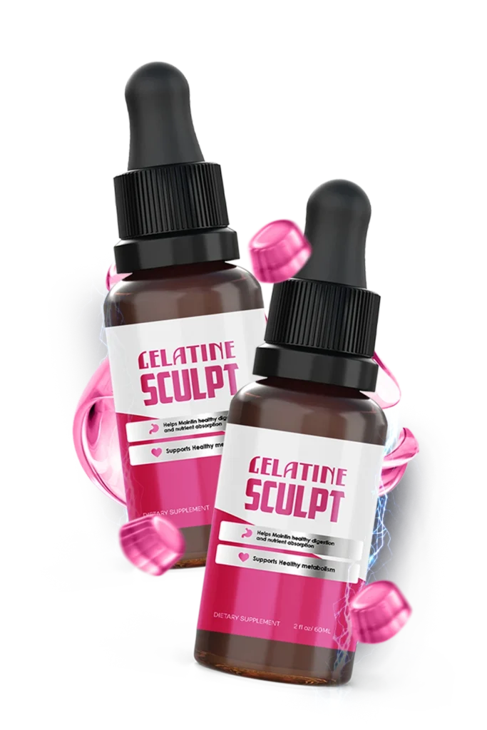 Visual analysis of the official Gelatine Sculpt supplement bottle for natural appetite control and fat burning on an expert review page.