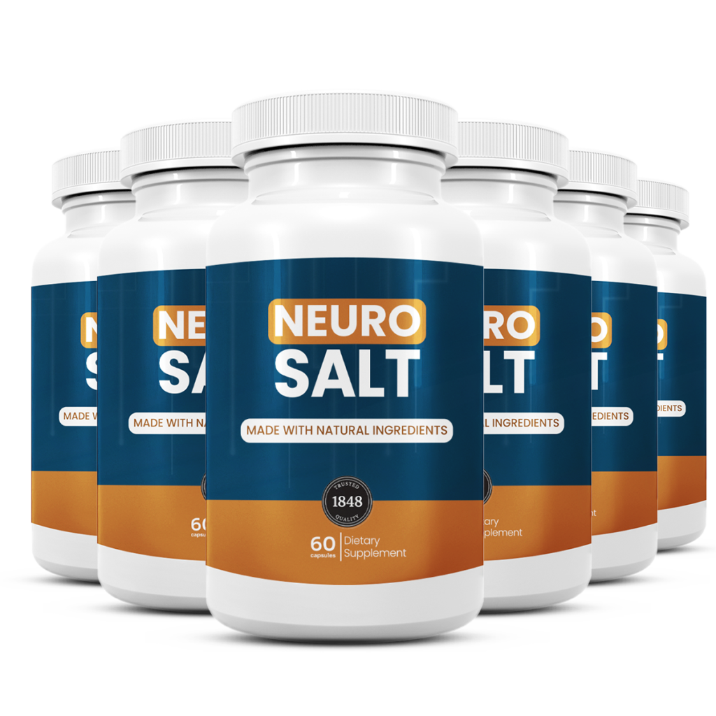 6 bottles of NeuroSalt premium dietary supplement containing 360 capsules for natural nerve comfort, cell energy production, and cognitive performance.
