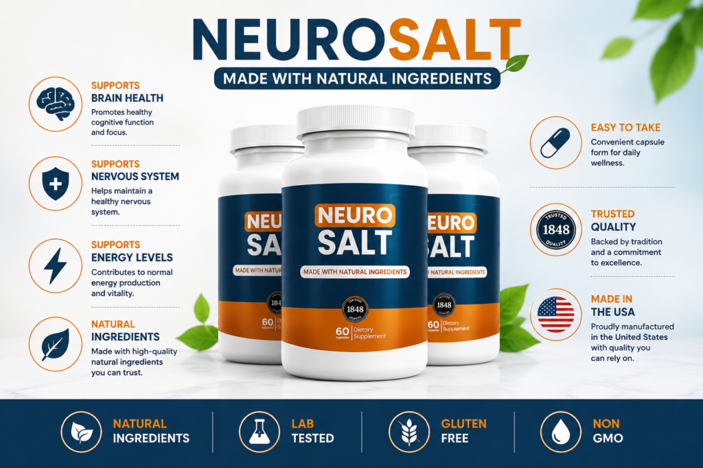 Scientific infographic illustrating how NeuroSalt ingredients support cellular energy, boost mitochondrial function, and enhance nutrient flow to nerve endings.