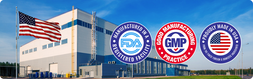 Satisfaction guarantee and GMP-certified manufacturing seals for product safety and trust.