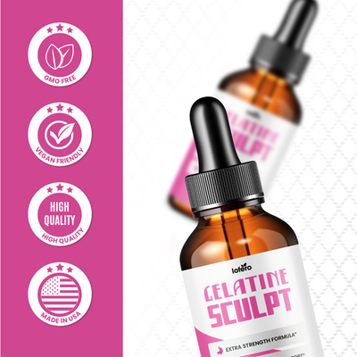 Visual summary of the primary benefits of Gelatine Sculpt for weight loss without the use of caffeine or jittery side effects.