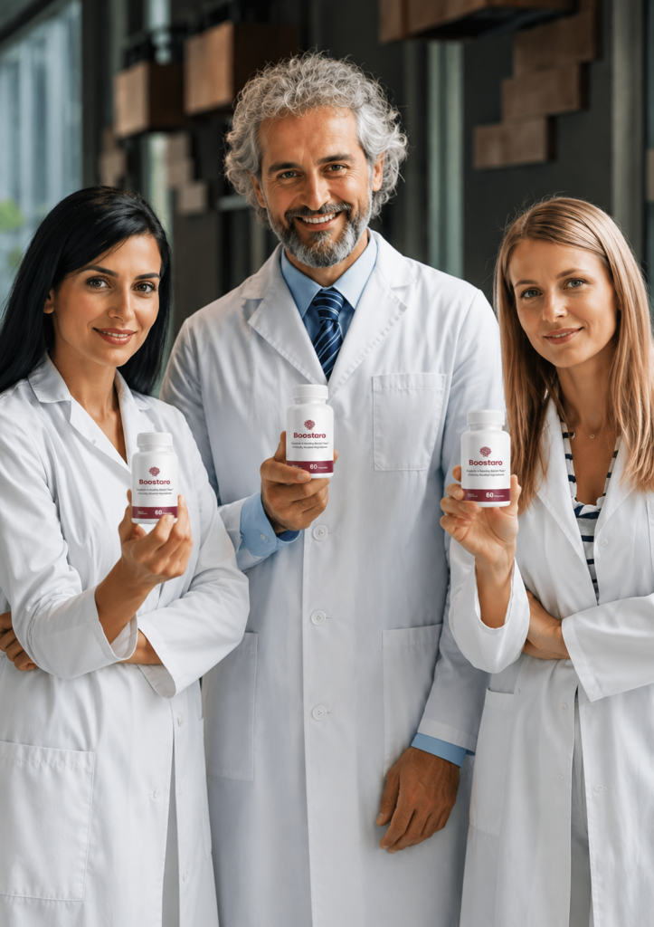 Three medical professionals in laboratory lab coats holding authentic bottles of Boostaro dietary supplement.
