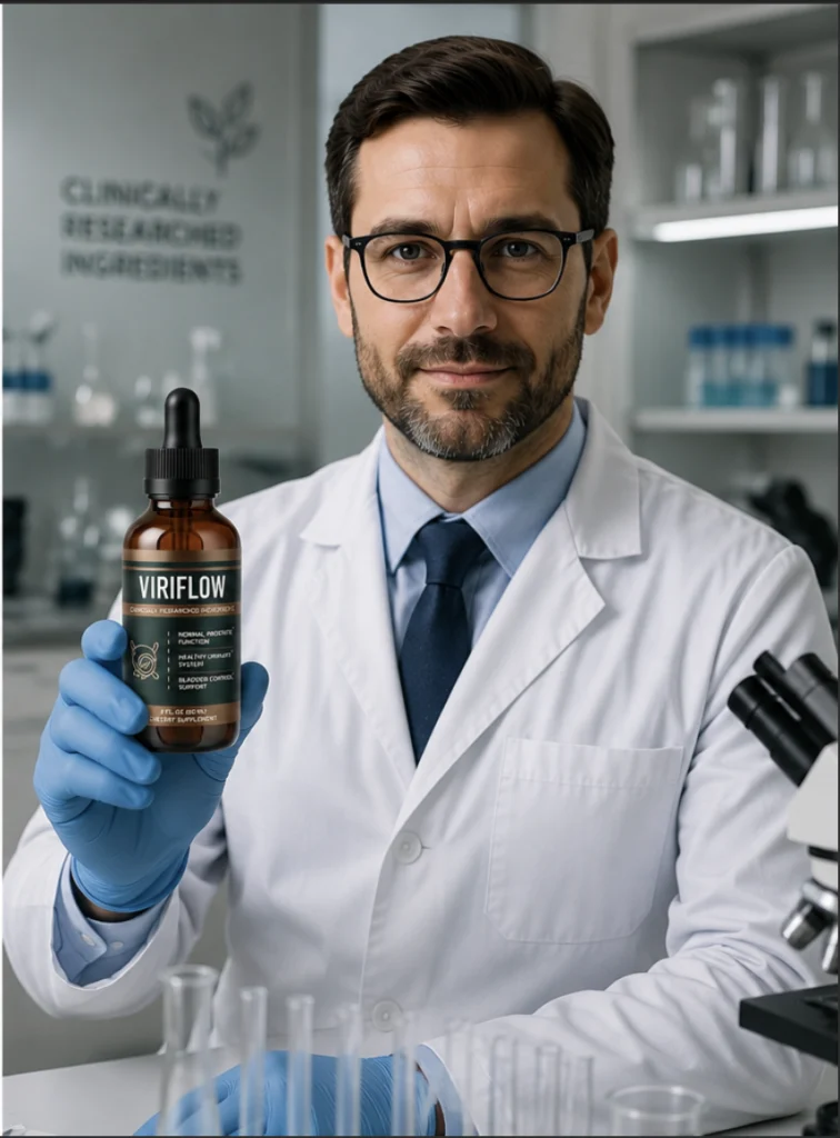 A male medical scientist in a white lab coat holding a Viriflow dropper bottle, representing clinical strength formula safety.