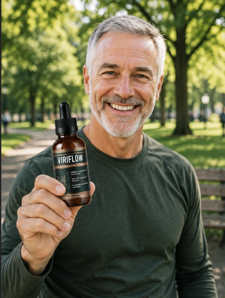 A smiling mature man with grey hair standing outdoors in a park, holding up a bottle of Viriflow.