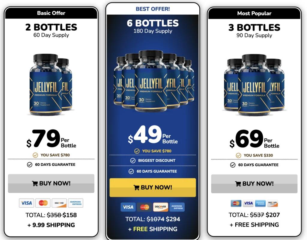 Three-column commercial comparison table highlighting the six-bottle Jellyfil package at forty-nine dollars with free shipping.