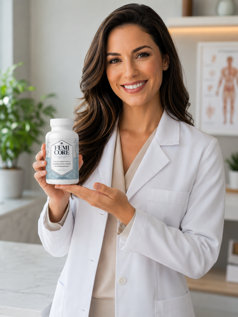 A professional female scientist or doctor in a white coat holding a bottle of FemiCore urinary system supplement.