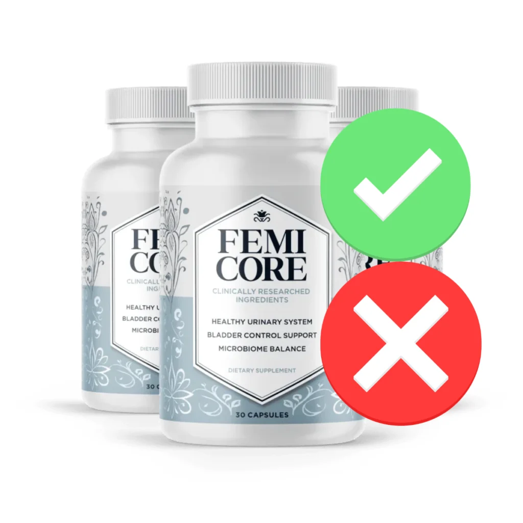 Comparison graphic showcasing a green checkmark next to authentic FemiCore bottles and a red X on unverified counterfeit listings.