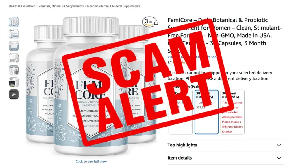 Urgent red Scam Alert stamp overlaying an unauthorized online marketplace listing of FemiCore capsules.