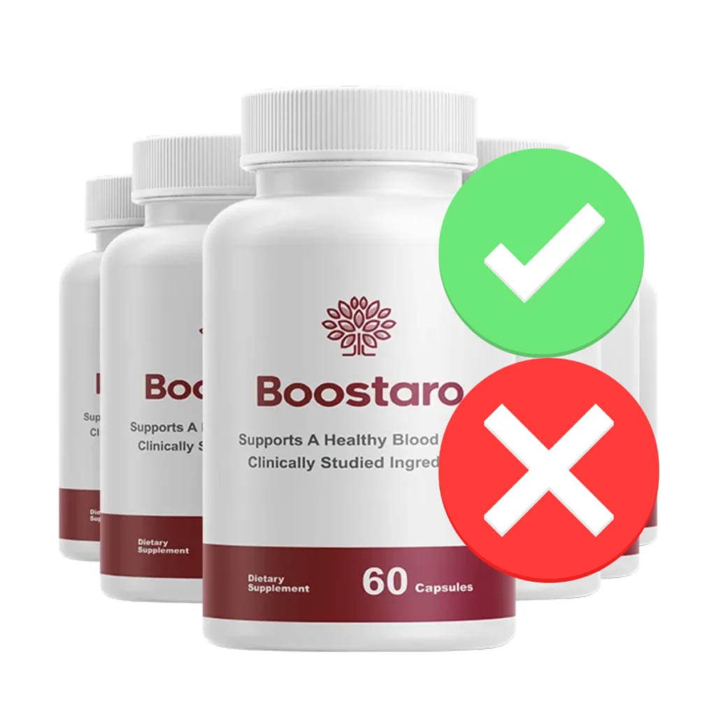 Genuine Boostaro container with a green validation checkmark next to unauthorized listings highlighted with a red X.