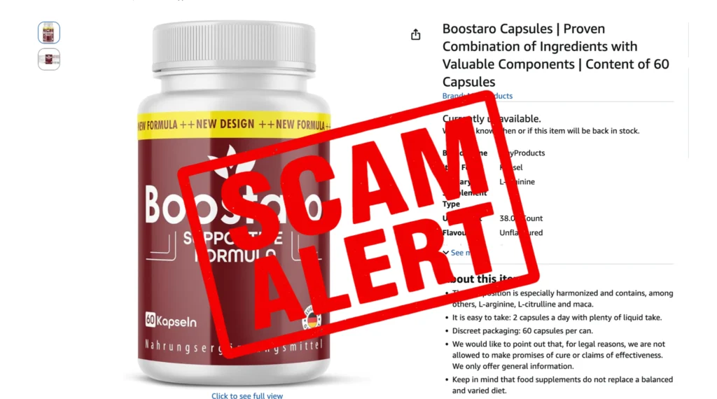 Bright red Scam Alert stamp overlaying an unverified third-party store presentation of Boostaro.