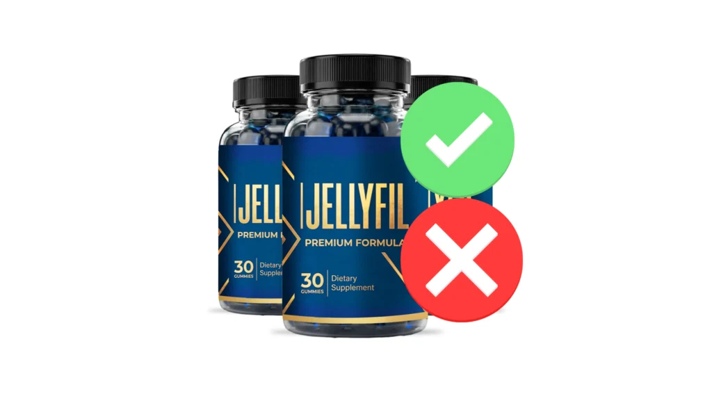 Comparison visual showing a green checkmark over genuine blue Jellyfil bottles and a red cross on unverified copycats.