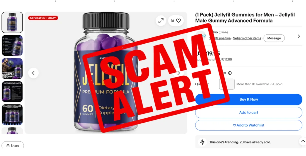 Urgent red Scam Alert stamp overlaying an unverified third-party marketplace listing of Jellyfil bottles.
