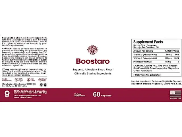 High-resolution flat printable label layout of Boostaro showcasing ingredients and healthy blood flow claims.