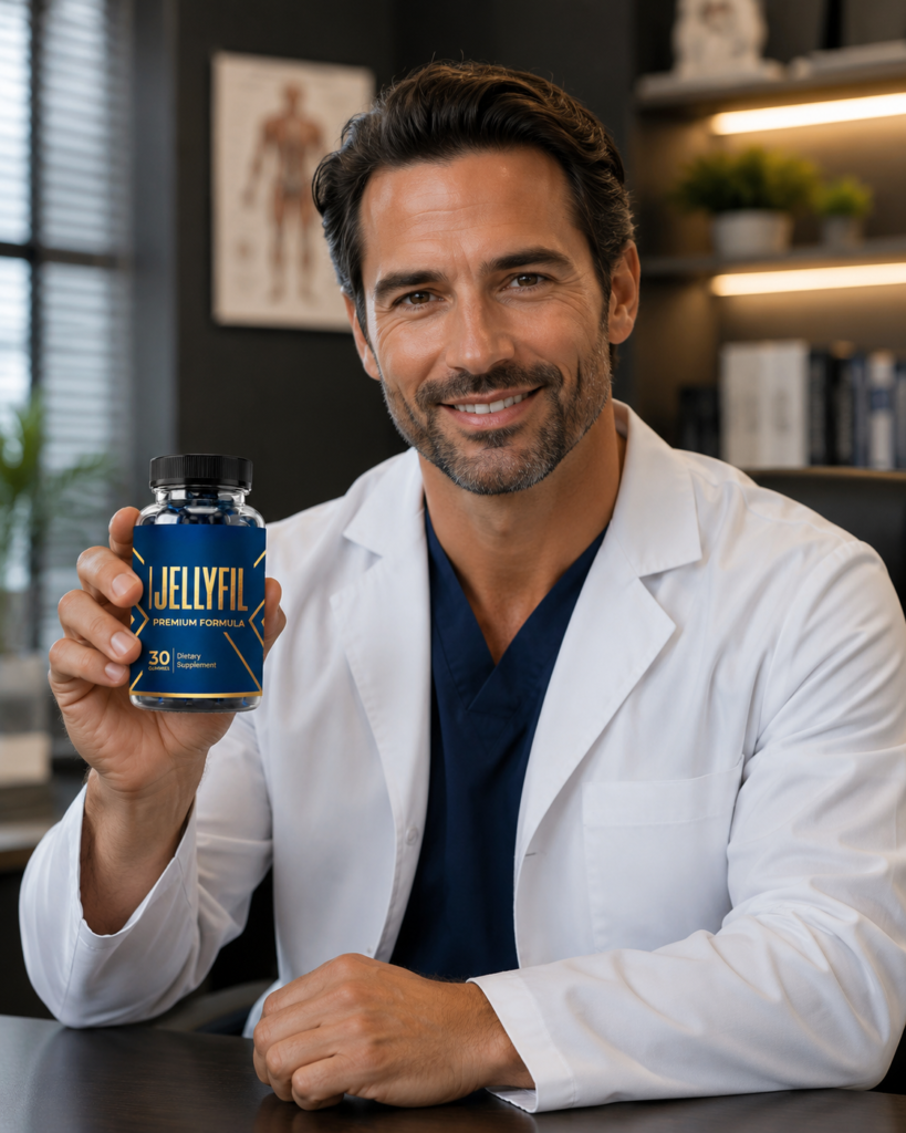 A smiling professional male doctor in a white lab coat holding a blue bottle of Jellyfil premium formula.