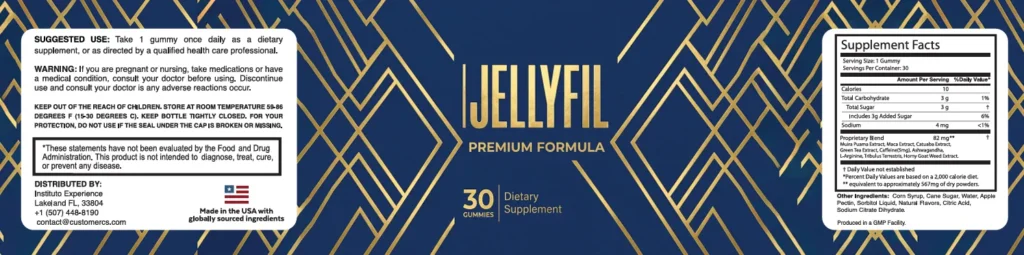 Front view of the dark blue and gold geometric Art Deco style packaging box for Jellyfil premium formula.