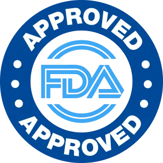 FDA Approved laboratory facility circular blue badge signifying domestic manufacturing compliance and safety regulations.