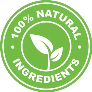 Green circular badge reading 100% Natural Ingredients with a leaf symbol for clean plant-based supplement validation.