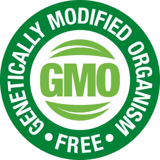 Genetically Modified Organism green circular icon certifying 100 percent GMO Free organic ingredients.