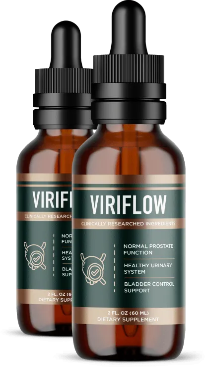 Two bottles combo package display of Viriflow liquid supplement for a ninety-day prostate routine.