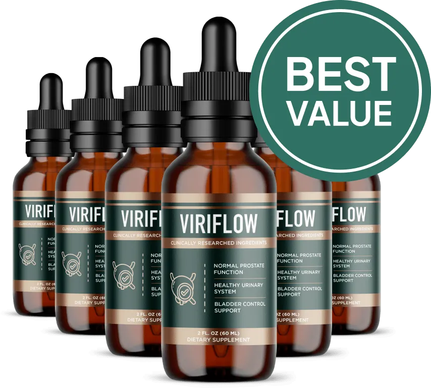 Six bottles bulk savings package of Viriflow next to educational digital guide covers and a green Best Value badge.