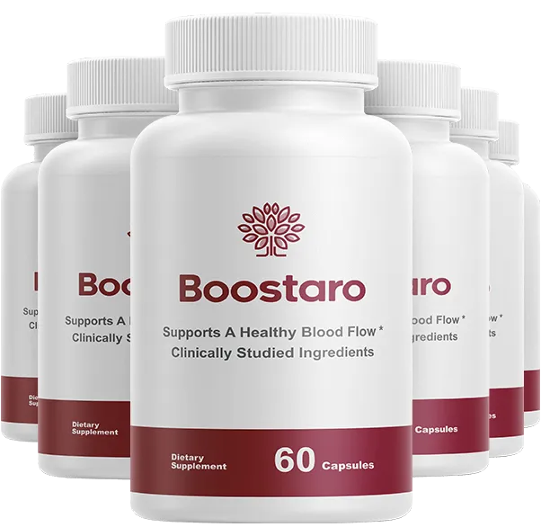 Clean multi-bottle arrangement of white Boostaro blood flow support containers standing in a row.