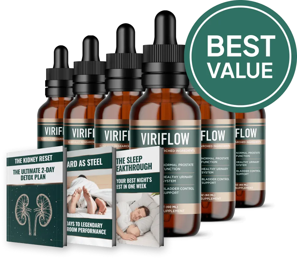 Six bottles bulk savings package of Viriflow next to educational digital guide covers and a green Best Value badge.