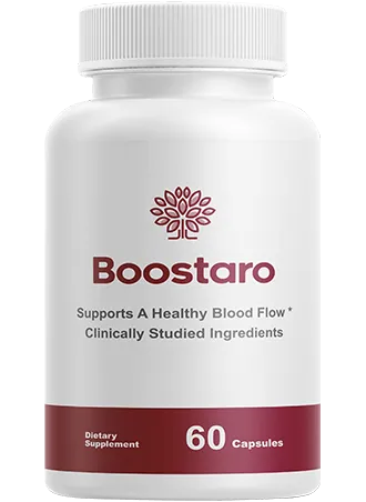 Macro close-up portrait view of a Boostaro supplement bottle highlighting the corporate logo emblem.