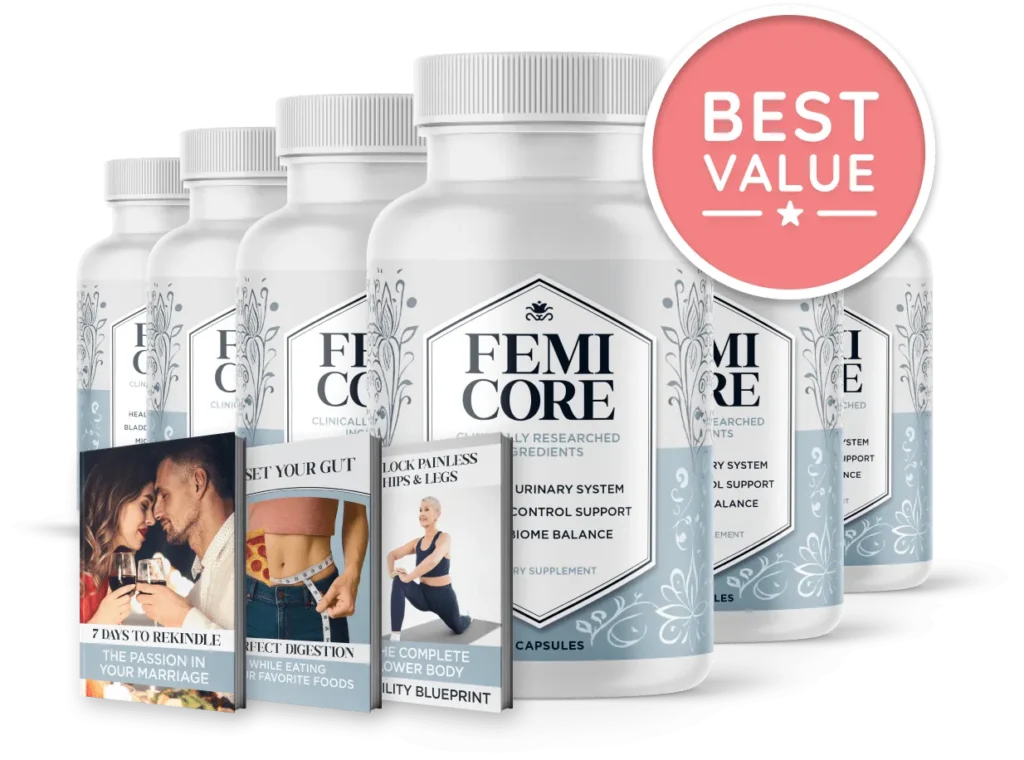 Six bottles package arrangement of FemiCore next to free health digital guides and a red Best Value savings badge.