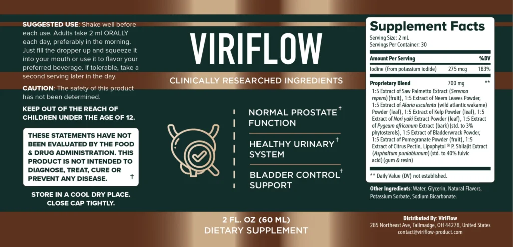 Close-up look at the Viriflow product label highlighting normal prostate function and healthy urinary system benefits.