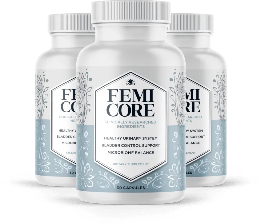 Three bottles package option of FemiCore natural bladder control formula for a ninety-day routine supply.