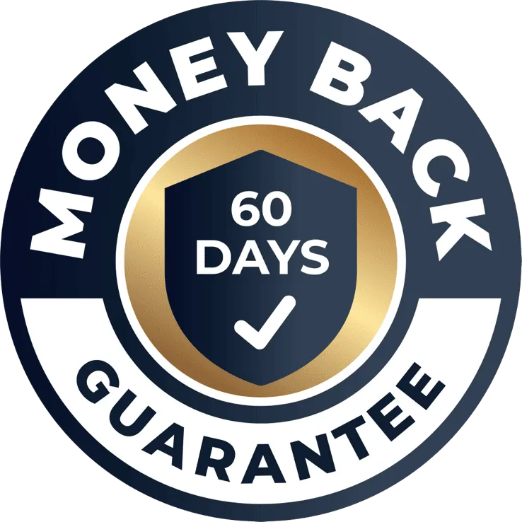 Dark blue and gold round badge displaying 60 Days Money Back Guarantee with a verified checkmark icon.