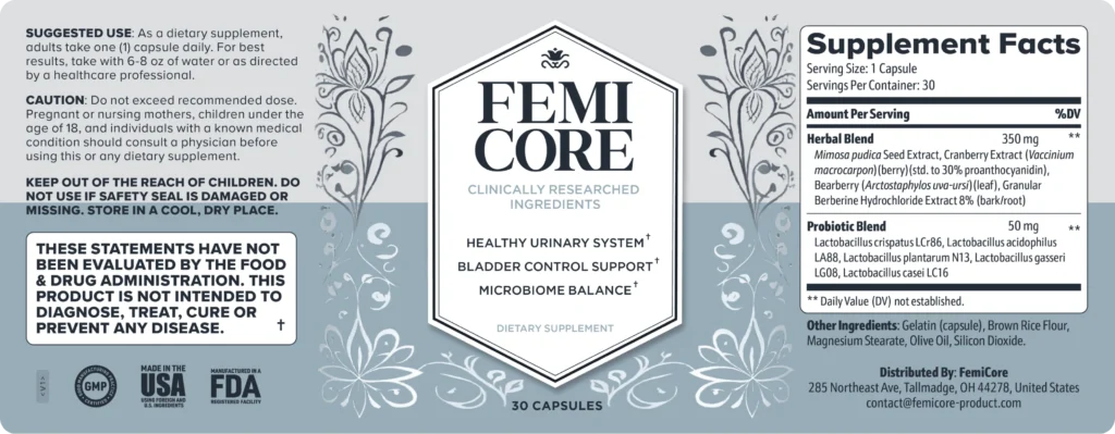 Front look at the official FemiCore dietary supplement packaging box featuring clean white and grey floral patterns.
