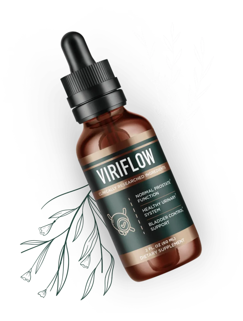 A single dropper bottle of Viriflow floating elegantly between light green premium spheres, showcasing natural prostate support.