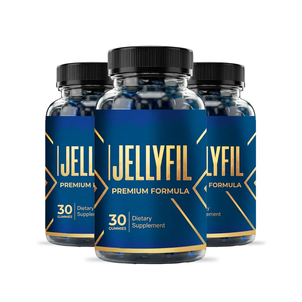 Three containers arrangement of blue Jellyfil bottles for a targeted ninety-day performance routine.