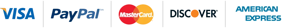 Secure checkout credit card icons including PayPal, Mastercard, and Discover logos for encrypted online retail.
