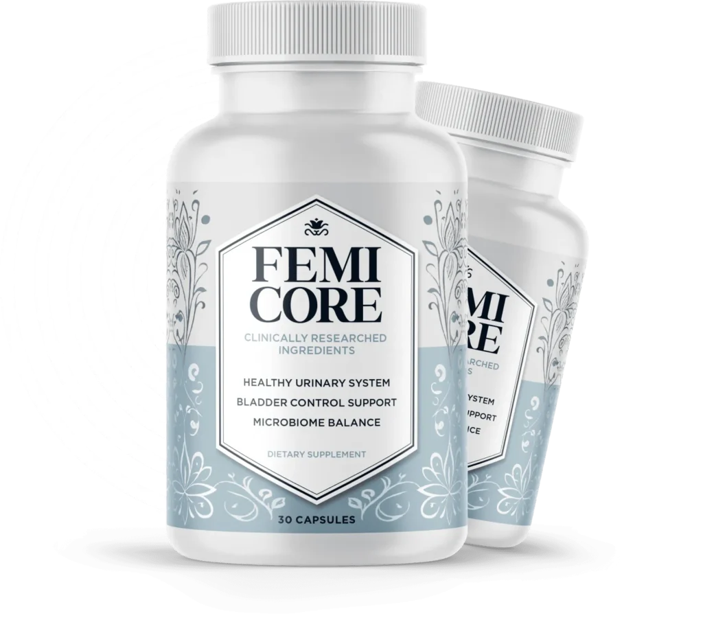 Two white bottles of FemiCore bladder control capsules displayed with abstract circular clean lines in the background.