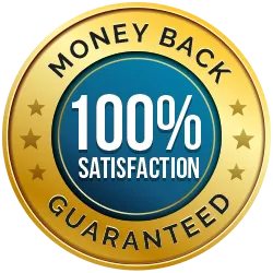 Official gold circular metallic seal with a blue center reading Money Back 100% Satisfaction Guaranteed.