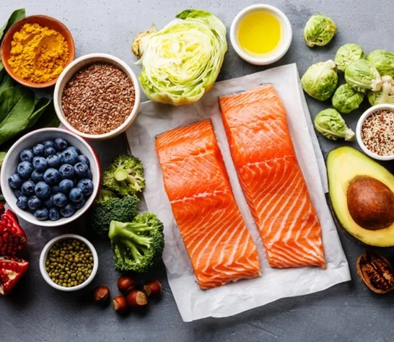 Fresh salmon fillets, avocado, grains, and green vegetables arranged neatly, demonstrating a clean diet that supports bladder function.